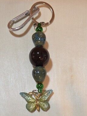 Handmade Earthy Bohemian Beaded Keychain Green Butterfly Ceramic Bag Charm